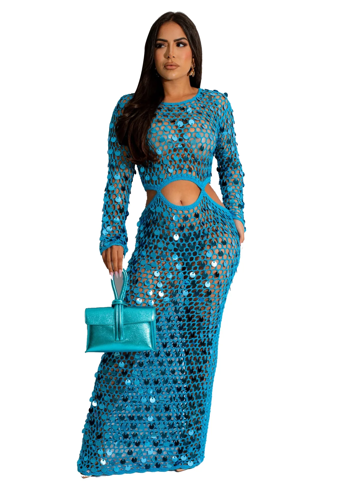 

2023 Chic Mother Of Pearl Crochet Cover Up Dress For Women Summer Hollow Out Sequins Beach Dress Vacation Outfits