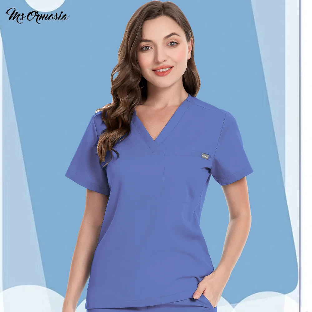 

Medical Uniform Women Short Sleeve V-neck Pocket Scrub Tops Nurse Nursing Work Wear Dentist Work Shirt Hotel Beauty Salon Blouse