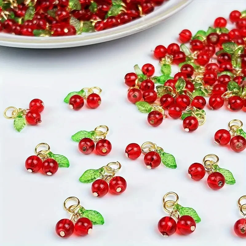 2-50PCS Red Cherry Charm Pendant 3D Small Cherry Glass Charms Pendants for Earring Jewelry Bag Phone Key Chain Diy Accessories