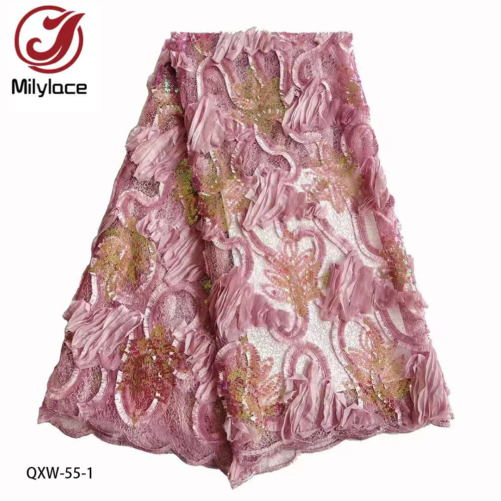 

Latest African Lace Frabric High Quality French Tulle Lace Sequins Embroidered Lace Fabric for Party Dress QXW-55