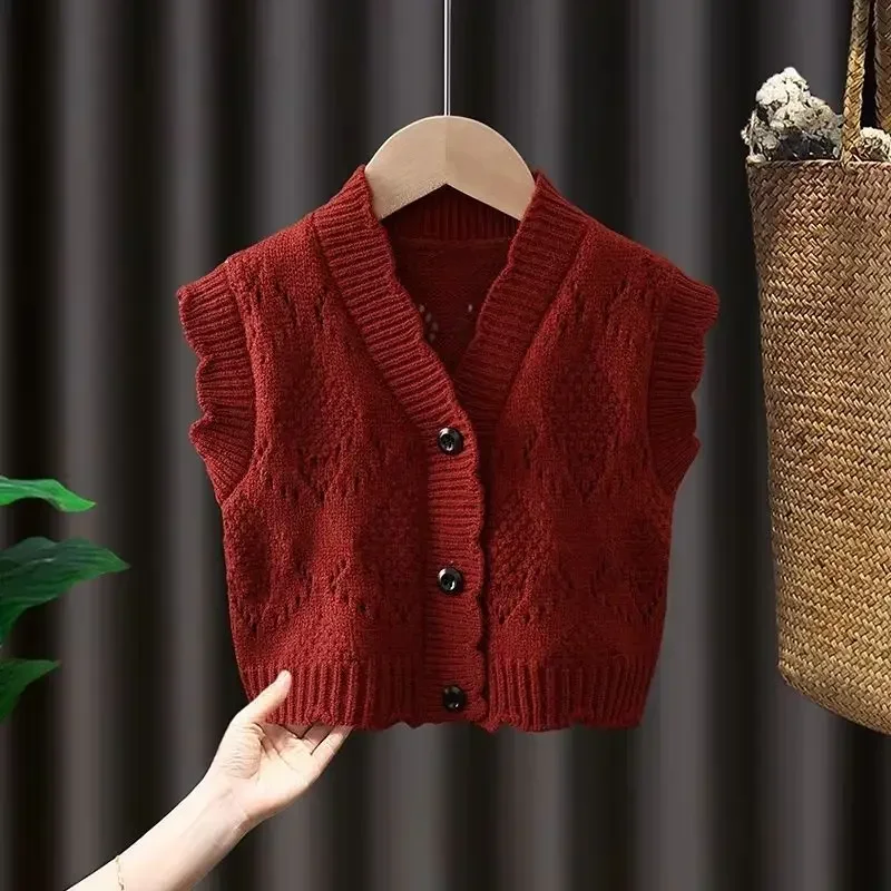 여아용 니트 가디건, 용수철 가을 옷, 할로우 아웃 스웨터, 베이지 버건디 면 조끼, 2024 신상