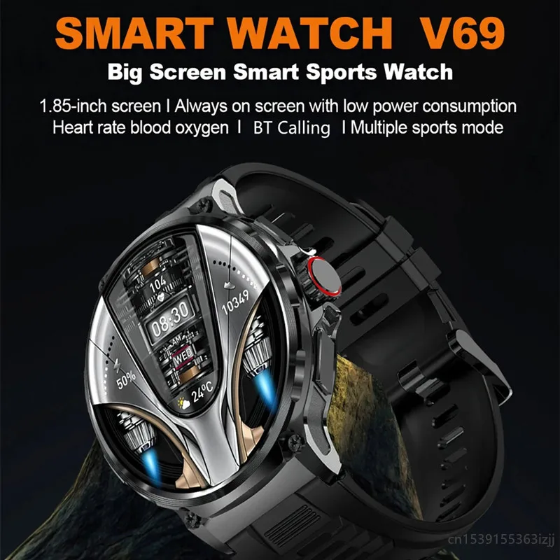 V69 Bluetooth Call Smart Watch 1.85 Inch Large Screen Men Sports Fitness Tracker Heart Rate Health Monitor 710mAh Smartwatch 3