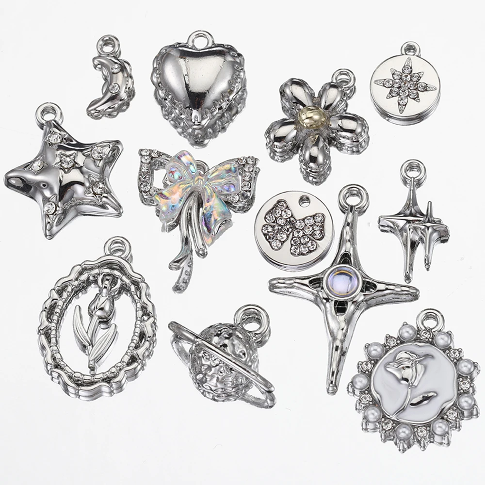 

2pcs Rhinestone Beads Chrams Silver Color Crystal Charms Pendants for Necklace Bracelet Y2k Jewelry Making Charm DIY Accessories