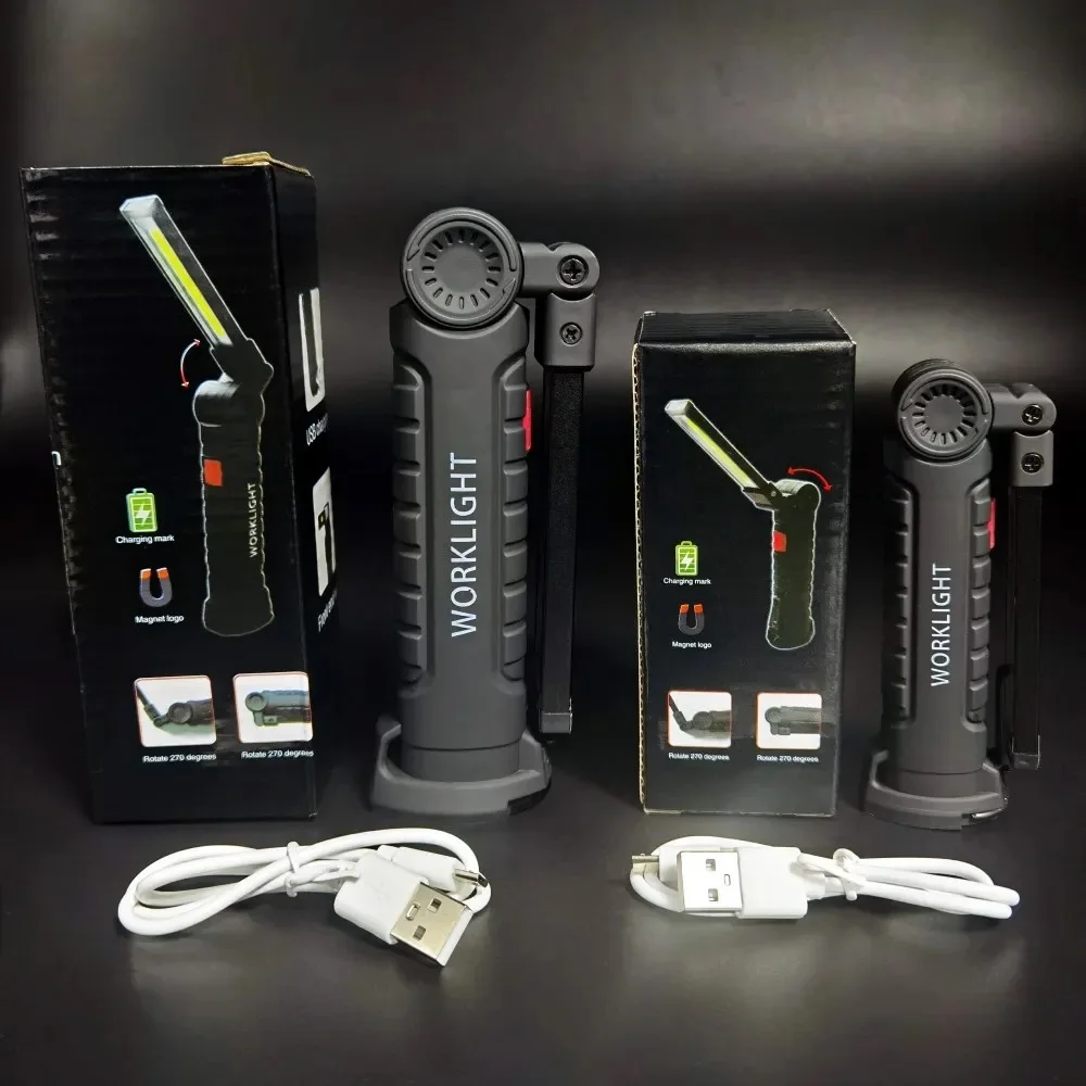 Led flashlight rechargeable portable COB folding work light 5Modes waterproof camping floodlight with magnetic & hook