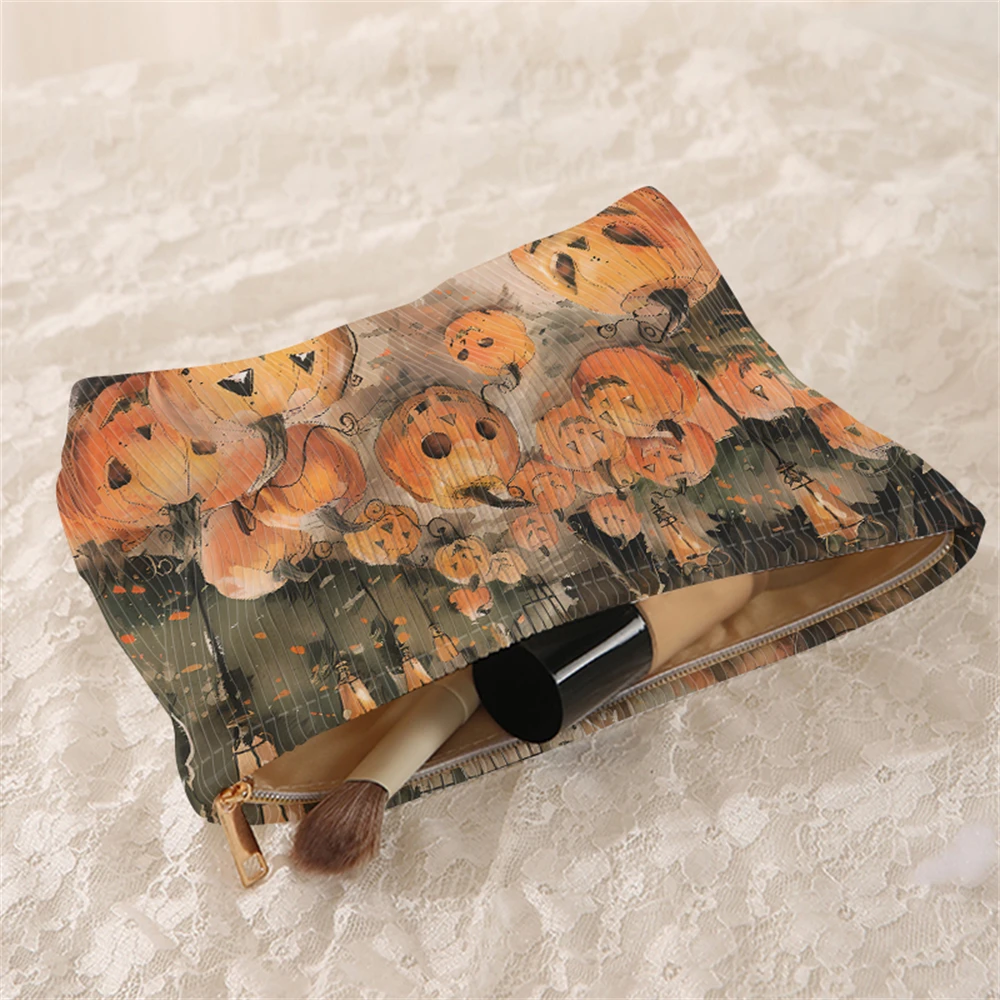 1 pumpkin patterned corduroy makeup bag, lightweight zipper makeup storage box, multifunctional bag with lining