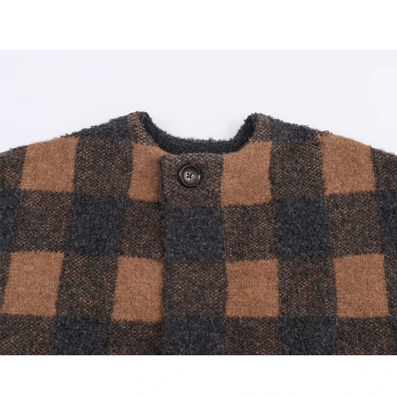 Chic Fashion Check Knitted Jackets for Women 2025 Autumn Winter Long Sleeve Coats High Street Casual Loose New Jacket Overcoat