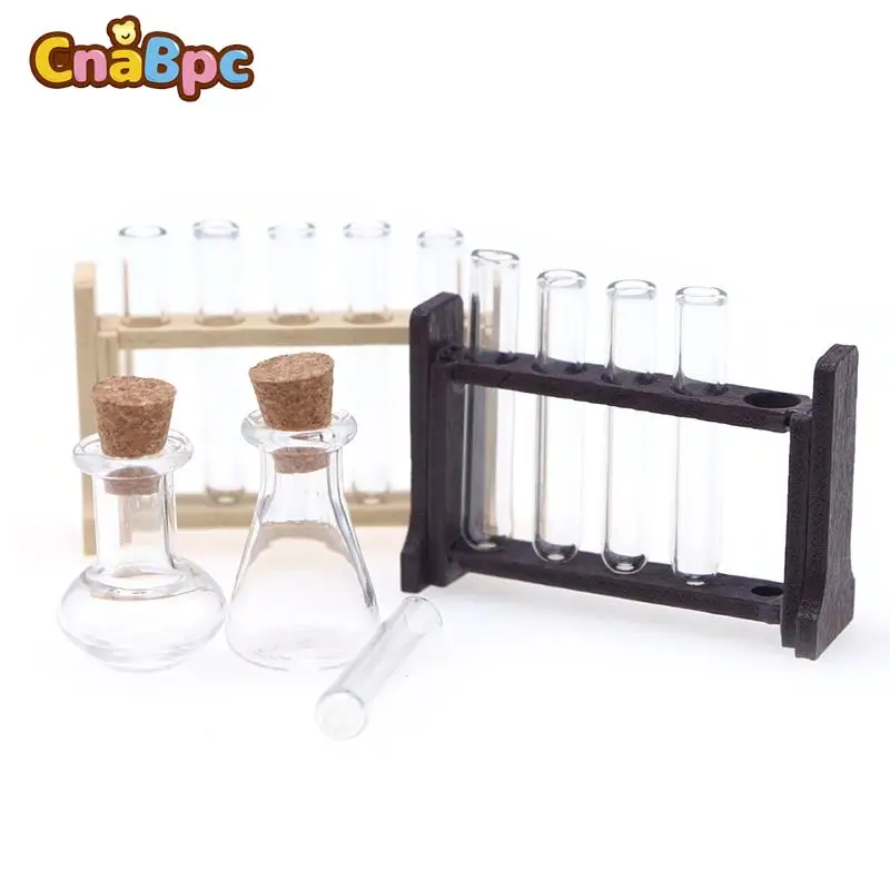 

1Set 1:12 Dollhouse Mini Simulated Glass Test Tube Measuring Cup with Rack Laboratory Model Doll House Laboratory Scene Decor