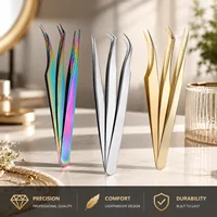 Pincettes à cils courbées et droites professionnelles, 3 pièces, en acier inoxydable 45 °   Outil de greffage pour extensions de cils et de sourcils 6