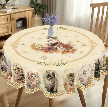 1 Piece of Spring Golden Retro Cat Print Round Tablecloth, Cute Cat, Flower, Pattern Rectangular Decorative Tablecloth, Party Decoration, Home Kitchen Table Cover, Indoor and Outdoor Use, Family Decoration, Holiday Gift for Family Friends