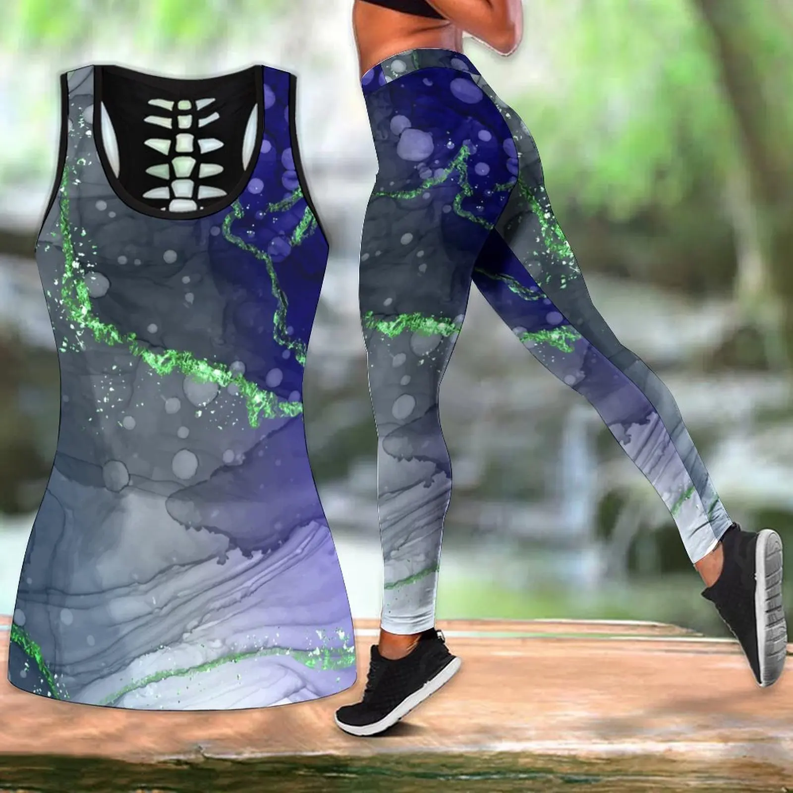 

Women's Summer New Glitter Ink Print Yoga Outfit