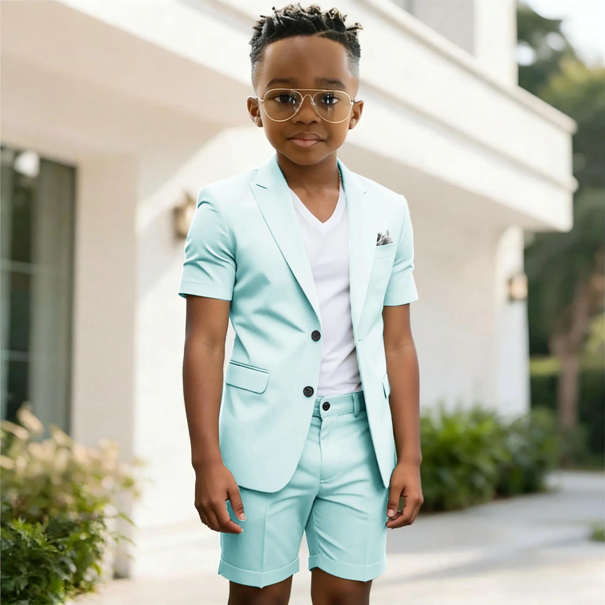 Summer Sky Blue Boy's Suit Set Homecoming Party Kids Jackets Slim Fit Blazer Pants 2 Pieces Beach Wedding Party Children Tuxedos 2