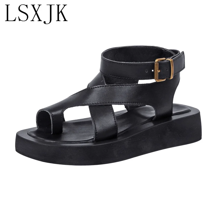 

LSXJK Sandals Women Genuine Leather 2022 Summer New Clip Toe Sandals Ladies Roman Women Shoes Muffin Sandals