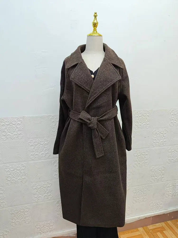 JXMYY French Lazy Style Warm Female Fresh Winter 2025 Classical Belt Retro Loose Women Woolen Coats Chic Casual Long Coat Long 5