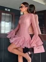 Luxury O Neck Pink Ruffle Button Female Vestidos Fashion Long Sleeve High Waist Prom Dresses Spring New Lady Short Evening Dress 1