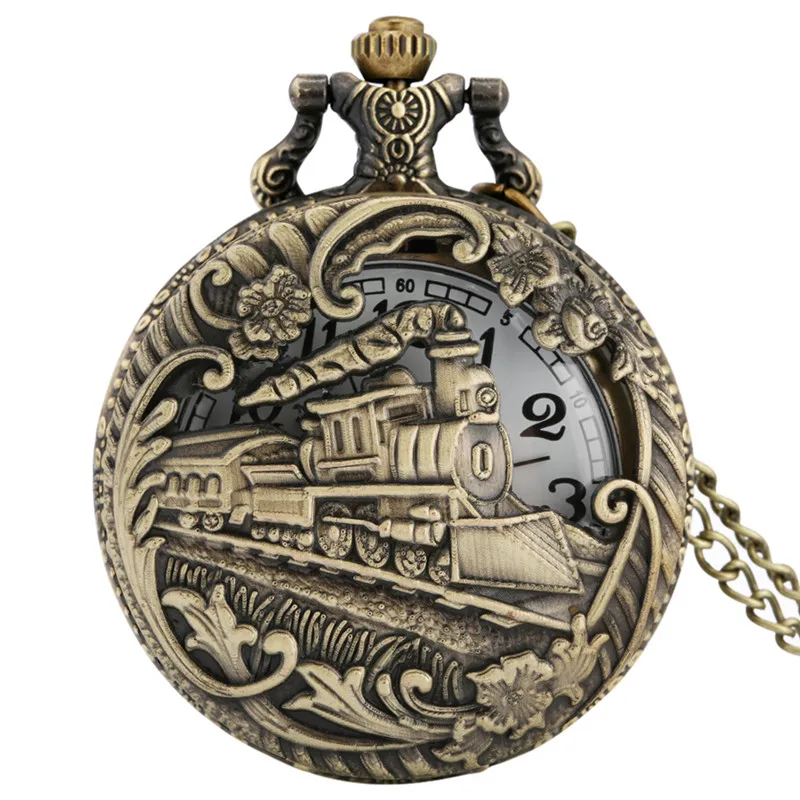 

Bronze Hollow Out Locomotive Steam Train Clock Men Women Antique Quartz Pocket Watch Sweater Necklace Chain Gift Timepiece