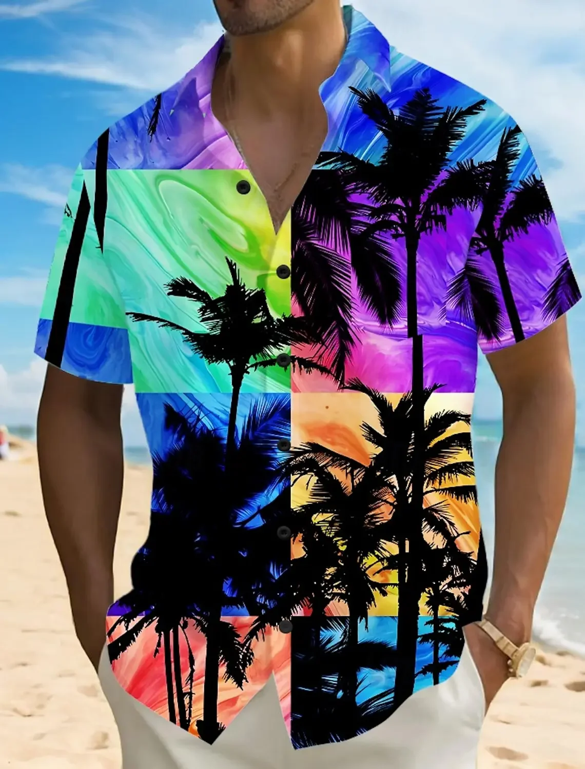 Fashion Men's Hawaiian Shirt 3D Printed Landscape Tropical Plants Shirt Short Sleeved Summer Casual Aloha Shirt for Mens
