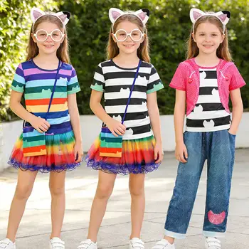 Abbigliamento per bambini Set di abbigliamento per feste di compleanno con gatti, maglietta a righe bianche e nere con gatto dei cartoni animati, gonna arcobaleno