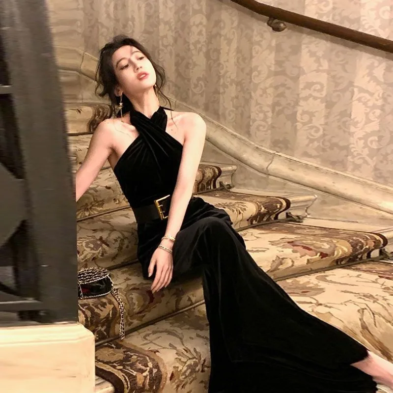 New Arrival French Style Jumpsuit in Black Velvet with Hanging Neck for Women in Spring 2024