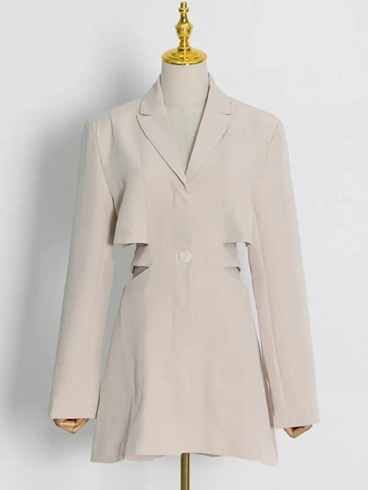 KBQ Hollow Out Slimming Elegant Blazer For Women Notched Collar Long Sleeve Spliced Button Solid Blazers Female Fashion Clothes