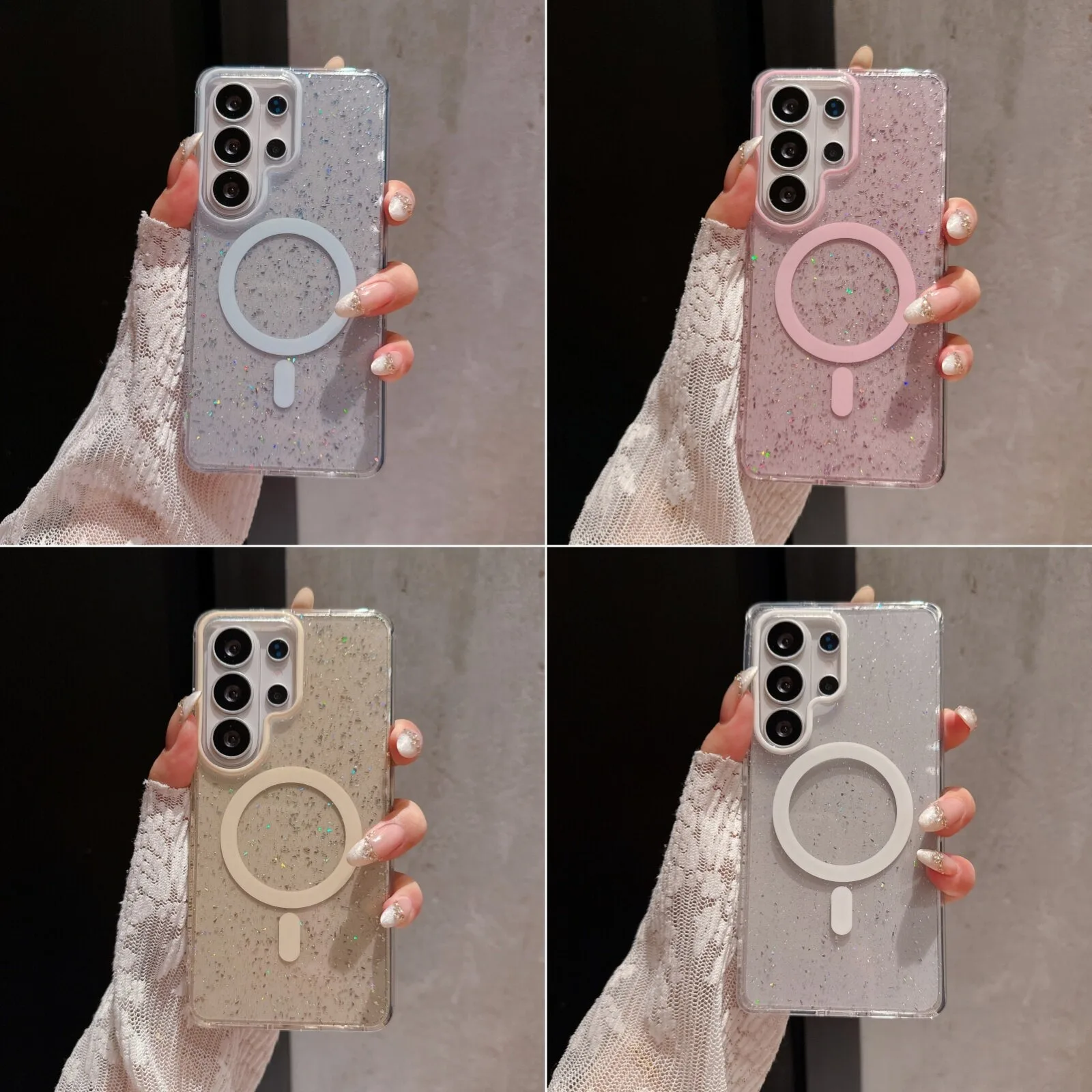 Glitter Transparent Luxury Shockproof Magnetic Phone Case with Bumper Cover