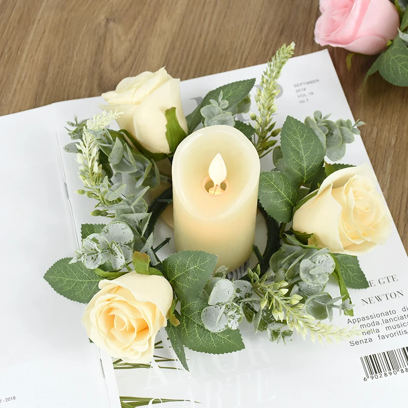 

Wedding Table Candle Holder Artificial Rose Flower Wreath Candlestick Decorations Wedding Party Desktop Centerpiece Arrangement