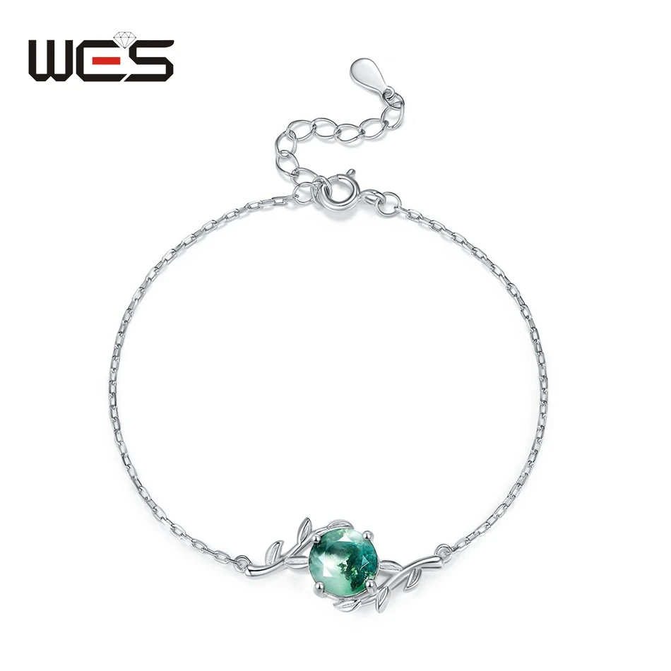 WES 925 Sterling Silver Olive Branch Moss Agate Ring for Women Wedding Jewelry Natural Gemstone 8*8mm Lady Gifts Certified Band