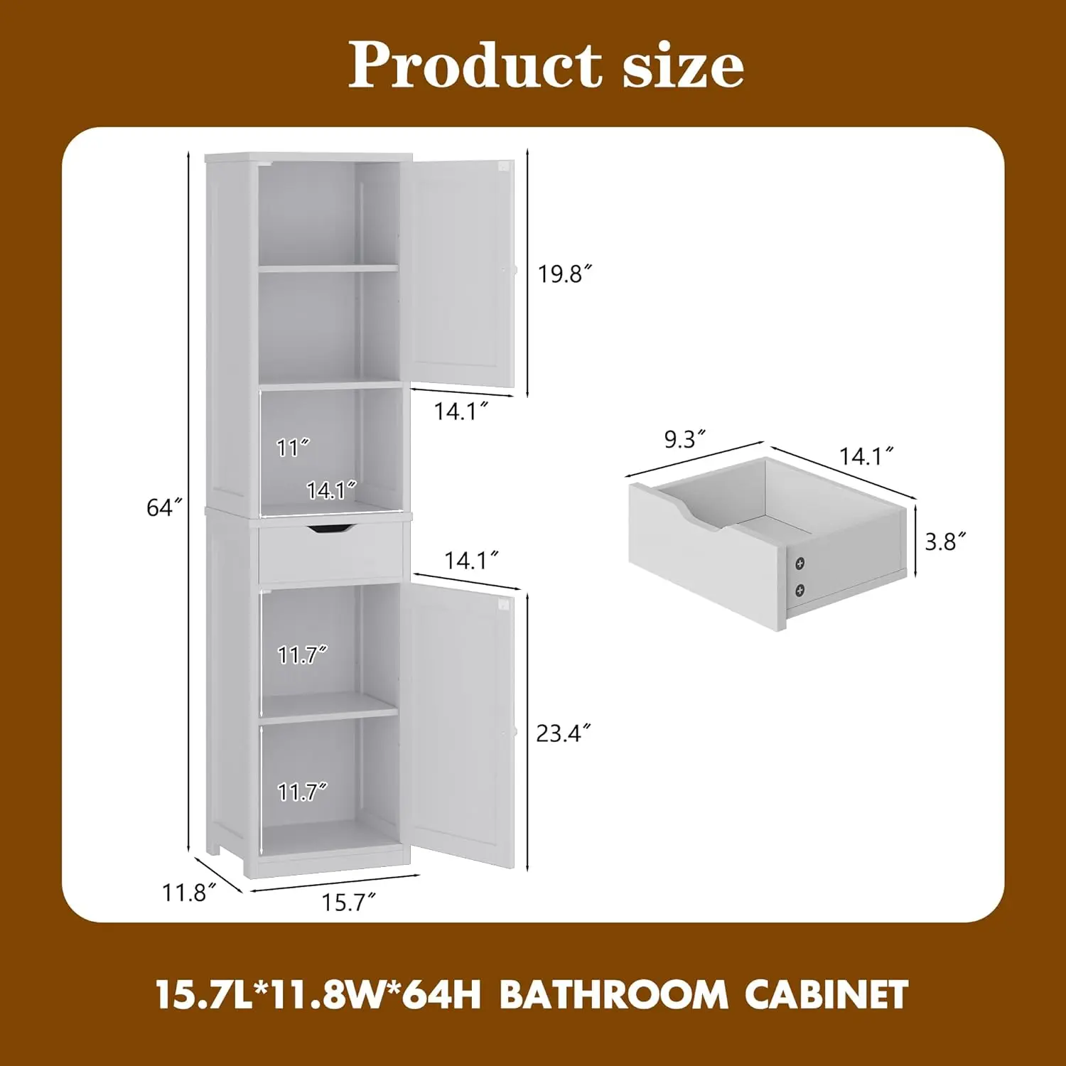 Tall Bathroom Storage Cabinet with Freestanding Adjustable Shelves, Narrow Storage Linen Cabinet with 2 Doors and 1 Drawers