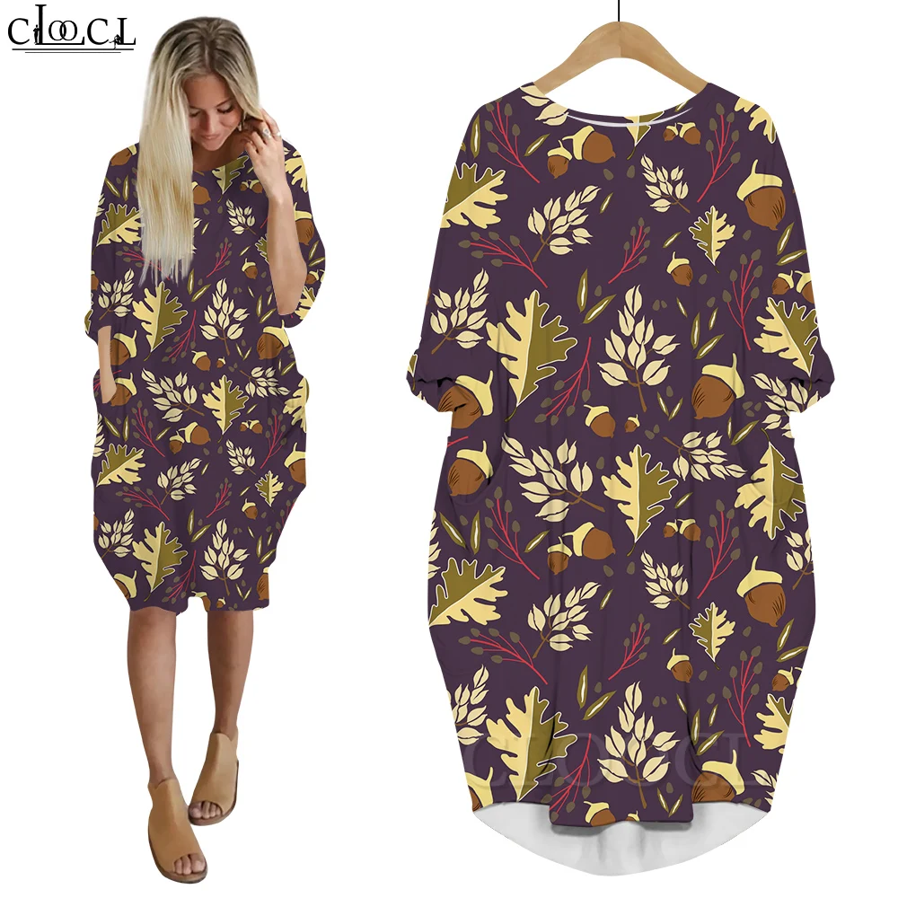 

CLOOCL Retro Dress Women Long Sleeve Autumn Winter New Harvest Hazelnut Leaf 3D Printing Dresses Thanksgiving Gifts Robe Femme
