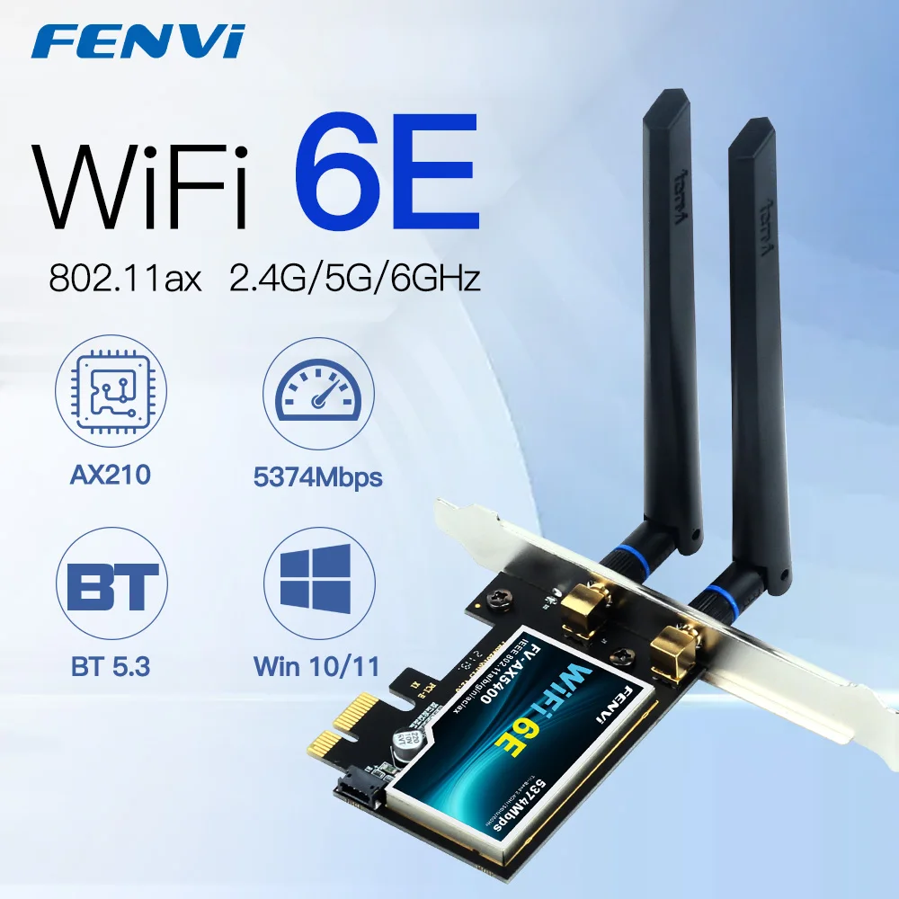 FENVI Wi-Fi 6E AX210 Wireless Card 5374Mbps Tri Band 2.4G/5G/6GHz BT 5.3 PCI Express Network Cards WiFi Adapter For PC Win10/11