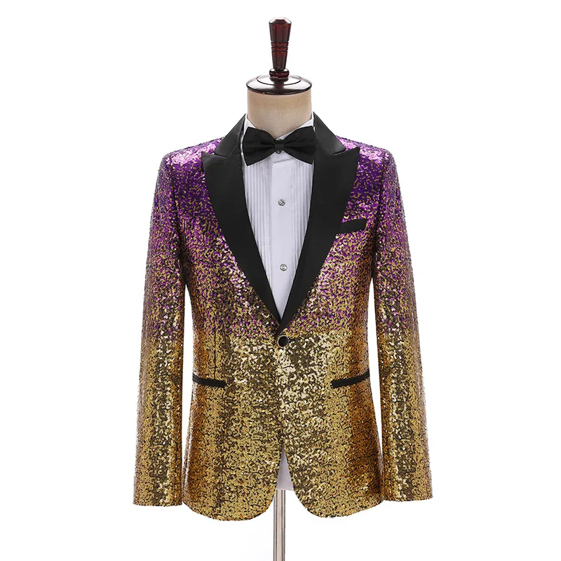 Luxury Gradient Sequin Suit Jacket Men Long Sleeve One Button Bar Stage Prom Party Cotume Black Gold Fashion Male Banquet Blazer