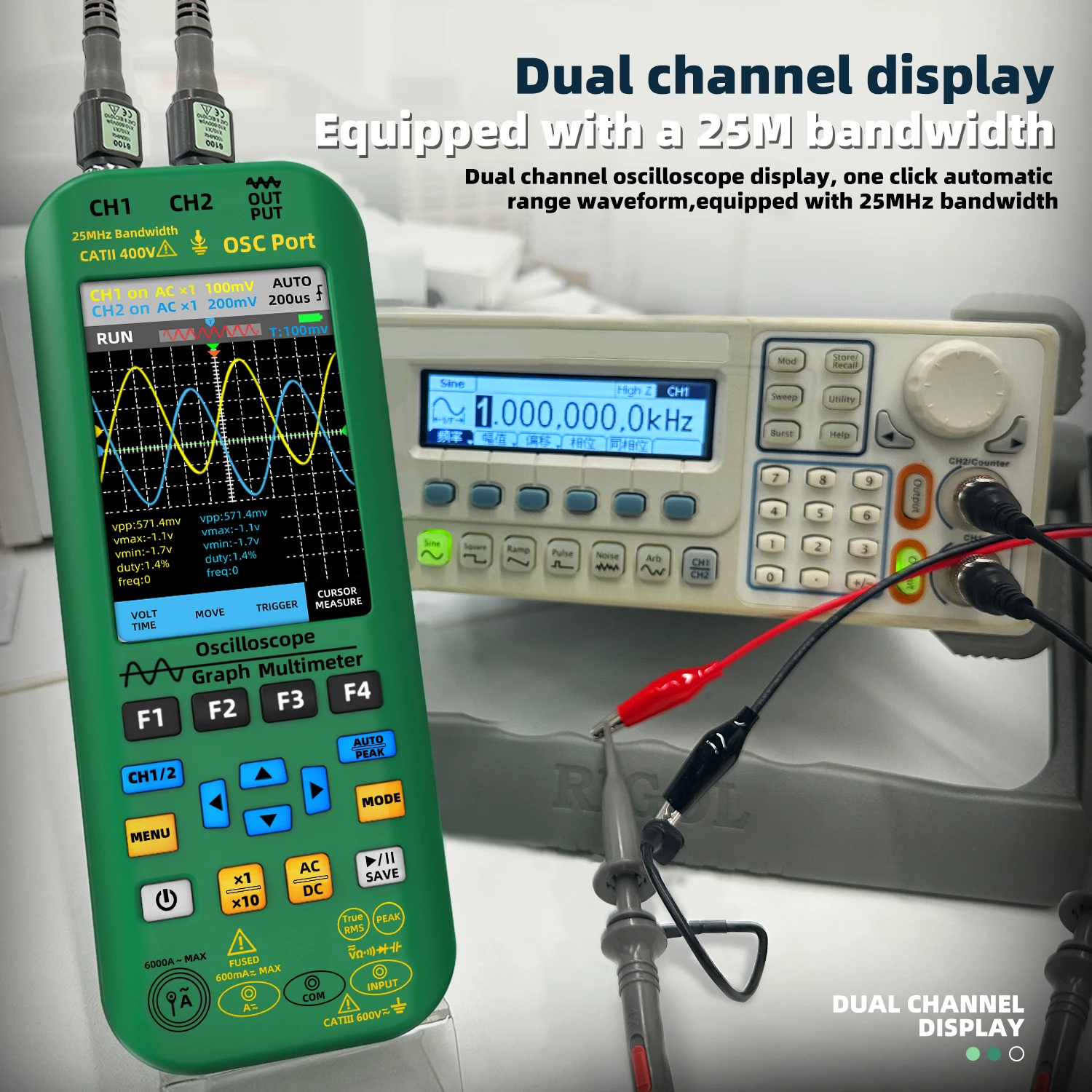 BSIDE Handheld Oscilloscope 3-IN-1 Digital Multimeter+Function Signal Generator Dual Channel 25MHz*2 Vol 6000A Current Tester 3