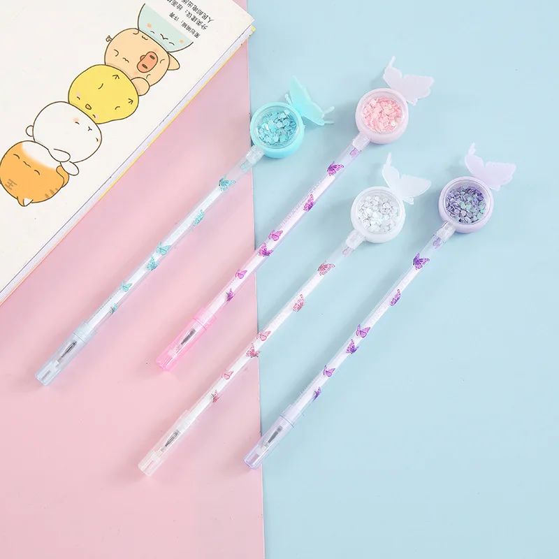 요정 나비 스팽글 젤 펜, 사무실 서명 펜, 학생 학용품, 귀여운 문구, 0.5mm, 4 개/세트
