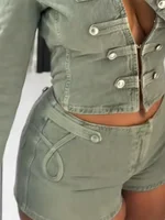 Ensemble pantalon 2 pièces pour femme : Manteau à revers cranté, Blazer corset, Haut à lacets à la taille, Mini-short, Vêtements de printemps pour femme 6