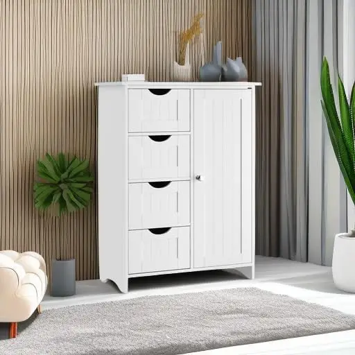 Bathroom Storage Cabinet, Floor Cabinet with 4 Drawers and 1 Adjustable Shelf, Storage Oragnizer for Living Room (White)