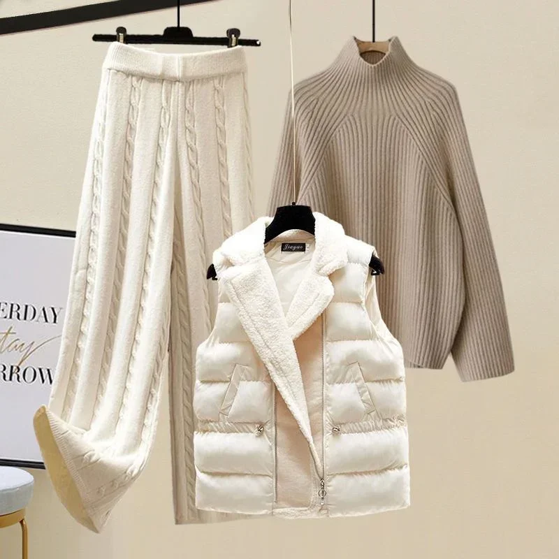 3 Piece Sets Women Korean Turtleneck Knitted Sweater+woolen Parkas Vest+Elatic Wide Leg Knitting Pants Sets Winter Outwear