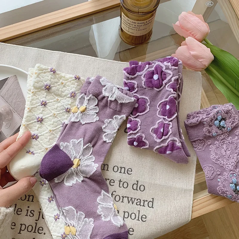 

1 Pair Flower Bubble Cable Crew Socks Lightweight Comfy Mid-tube Socks Women All Season Cute Kawaii Socks Vintage 2024