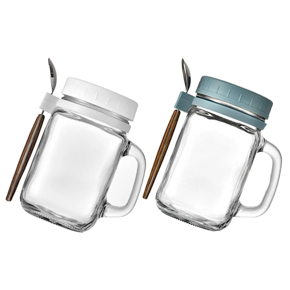 

2 Sets Glass Jar with Lid 480ml Portable Overnight Breakfast Oatmeal Spoon Handle 2pcs Dessert Bowl Sealed Cup Kitchen