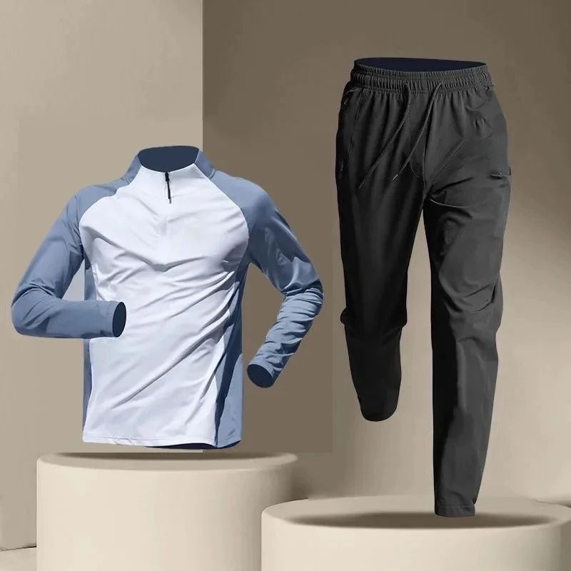 Fitness Clothes Ice Silk Quick Drying T-shirt Suit Men Short Sleeve Running Sportswear Shorts Tracksuit Gym Sports Training Sets