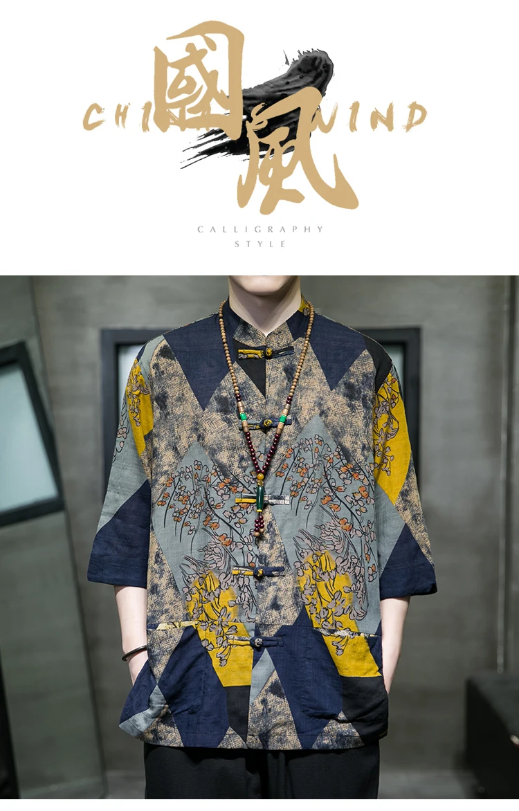 luxus herren bekleidung hemden herren summer clothes for men Sommer Eis Seide männer Landschaft Druck Kung Fu Hemd Tops Plus Größe männer Halbe hülse Hemd Elegante tang Disc Schnalle Hemd – Detail 16