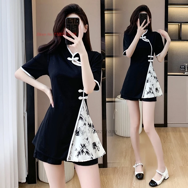 

Китайское улучшенное платье Ципао 2024, платье Ципао с национальным цветочным принтом + шорты, рабочее платье для отеля, спа, красивая форма Ципао