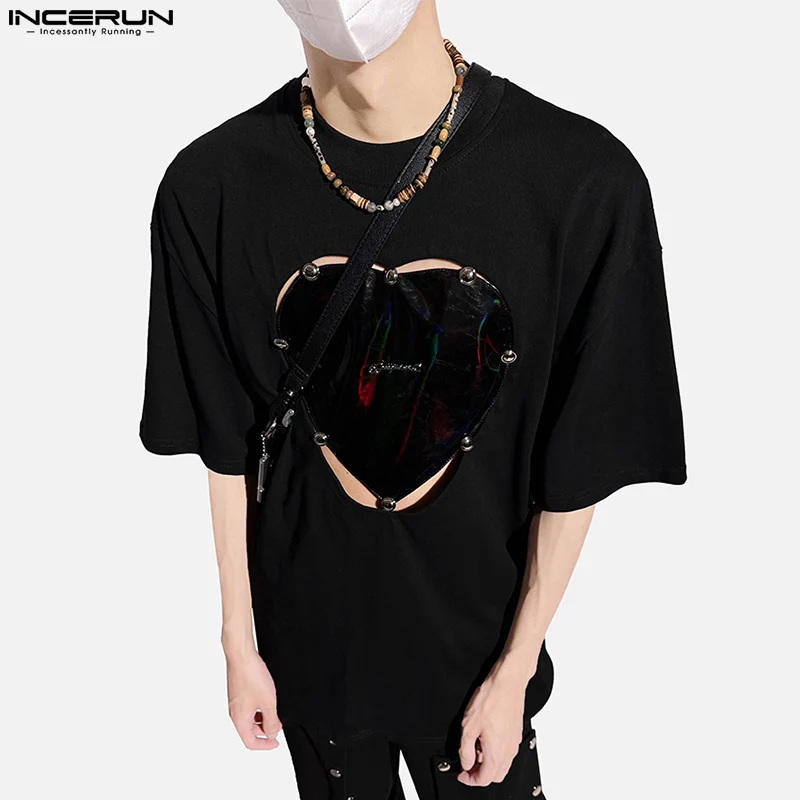 INCERUN Tops 2023 Korean Style Men’s Fashion Laser Fabric Love Design T-shirts Casual Male Short Sleeved Knitted Camiseta S-5XL