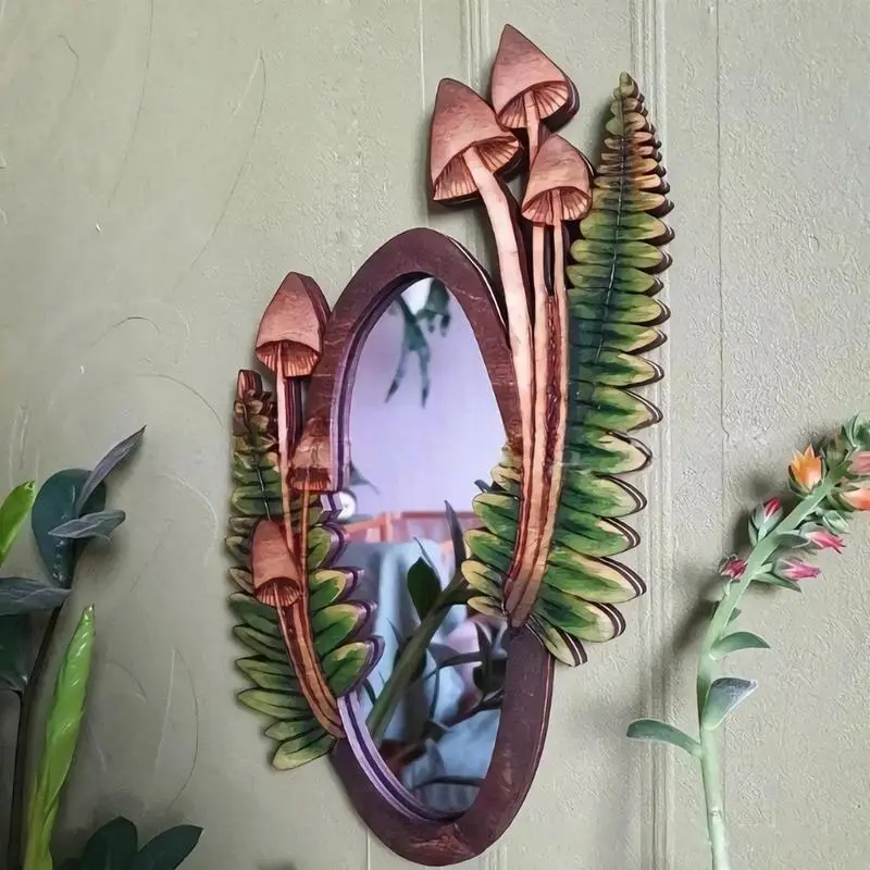 Wooden Mushroom Forest Mirror Floral Oval Wall Holiday Decoration For Living Room Bedroom Entryway Bathroom Hanging Home Decor