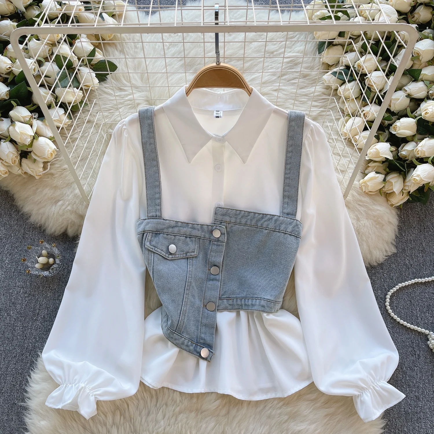 

Clothland Women Elegant Denim Blouse Suit Long Sleeve White Shirt With Camis Fashion Female Cute Two Piece Set LB089