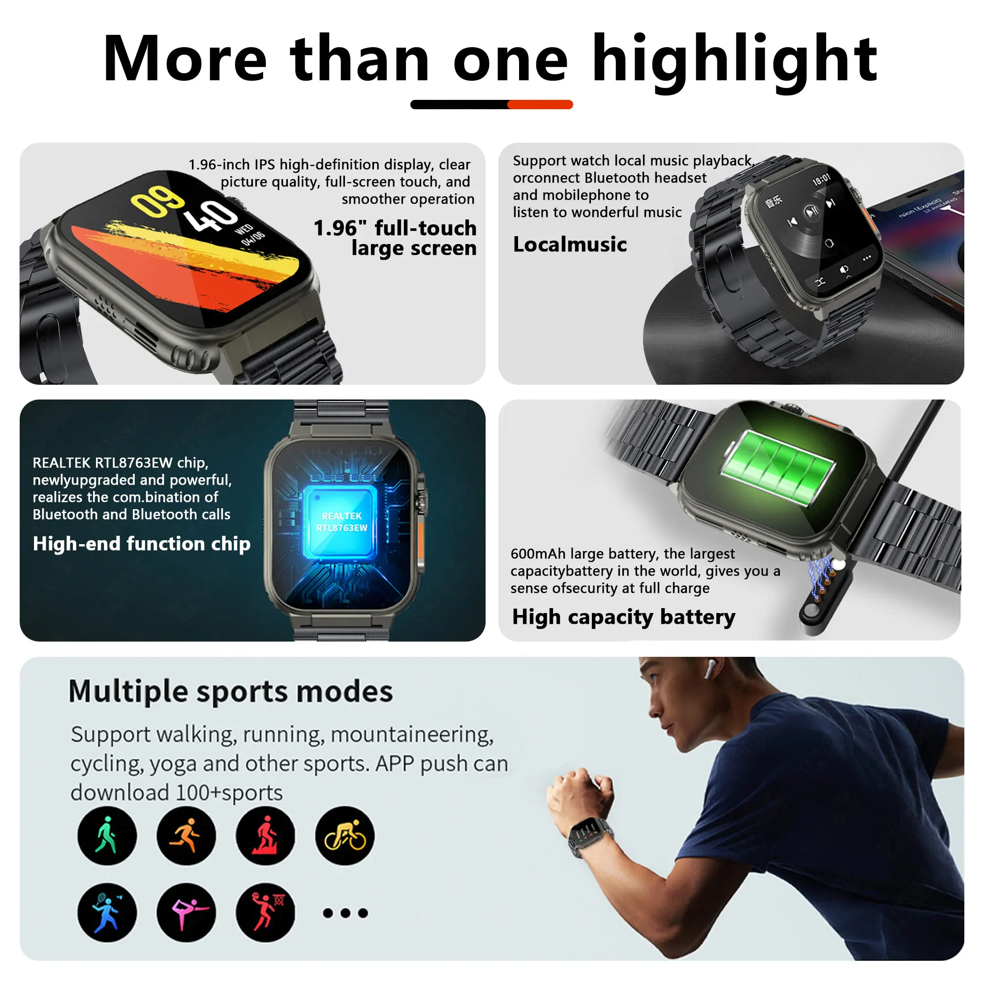  AMOLED HD BT ȭ Ʈ ġ, 600mAh ͸, 100 +  ƮϽ ƮĿ,  Ʈġ, 2023 ǰ  