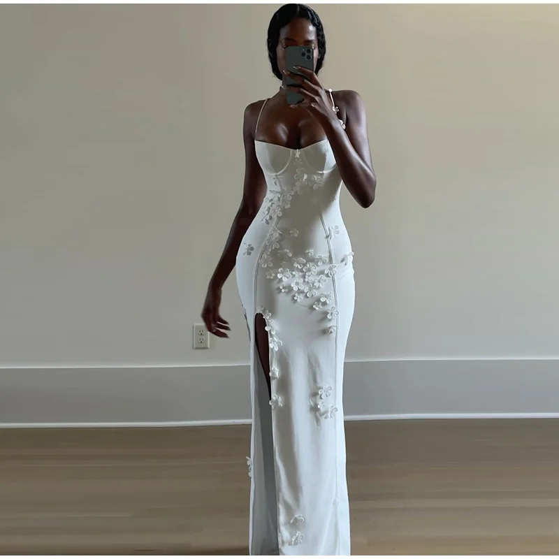 Sexy 3D Flowers Sling Tube Dresses Women Vintage Solid Slim Fit Sleeveless Slit Long Dress Female Spring Chic Evening Vestidos