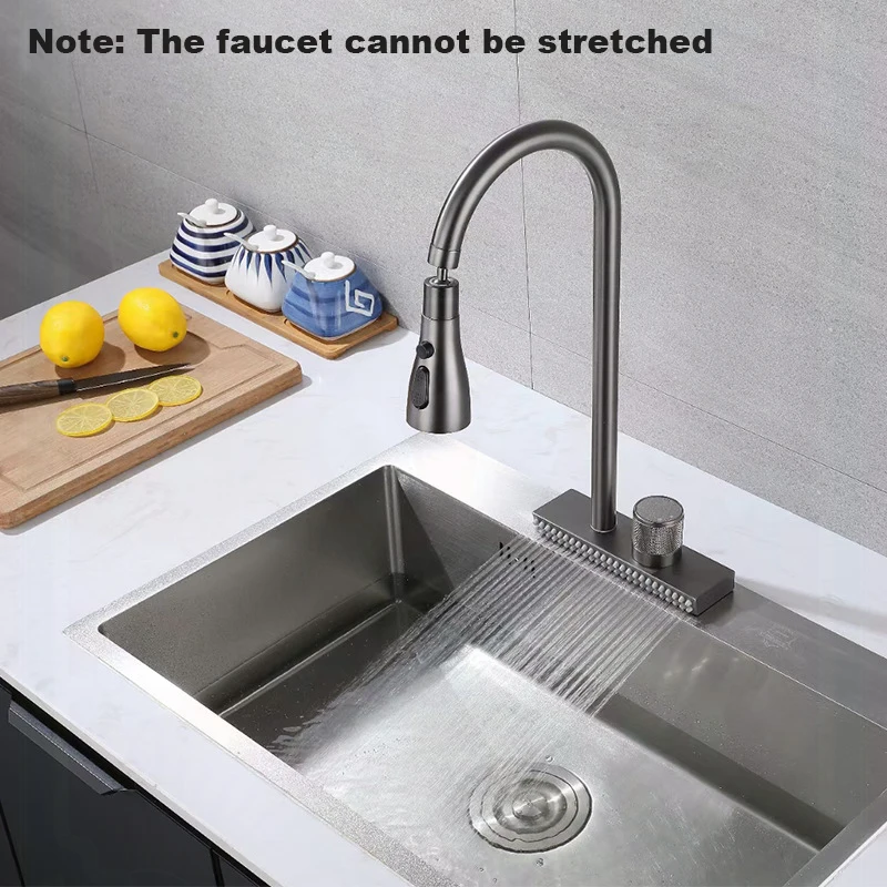 Waterfall  Sink Kitchen Faucet Hot Cold Mixer Wash Basin Multiple  Water Outlets Rotation Flying Rain Tap Single Hole Grey