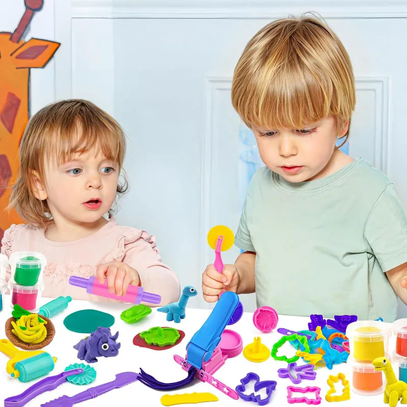 Plasticine Mold Kids DIY Craft Toys Accessories Cartoon Dinosaur Safety Scissor Rolling Pin Pasta Press Plastic Dough Play Tools