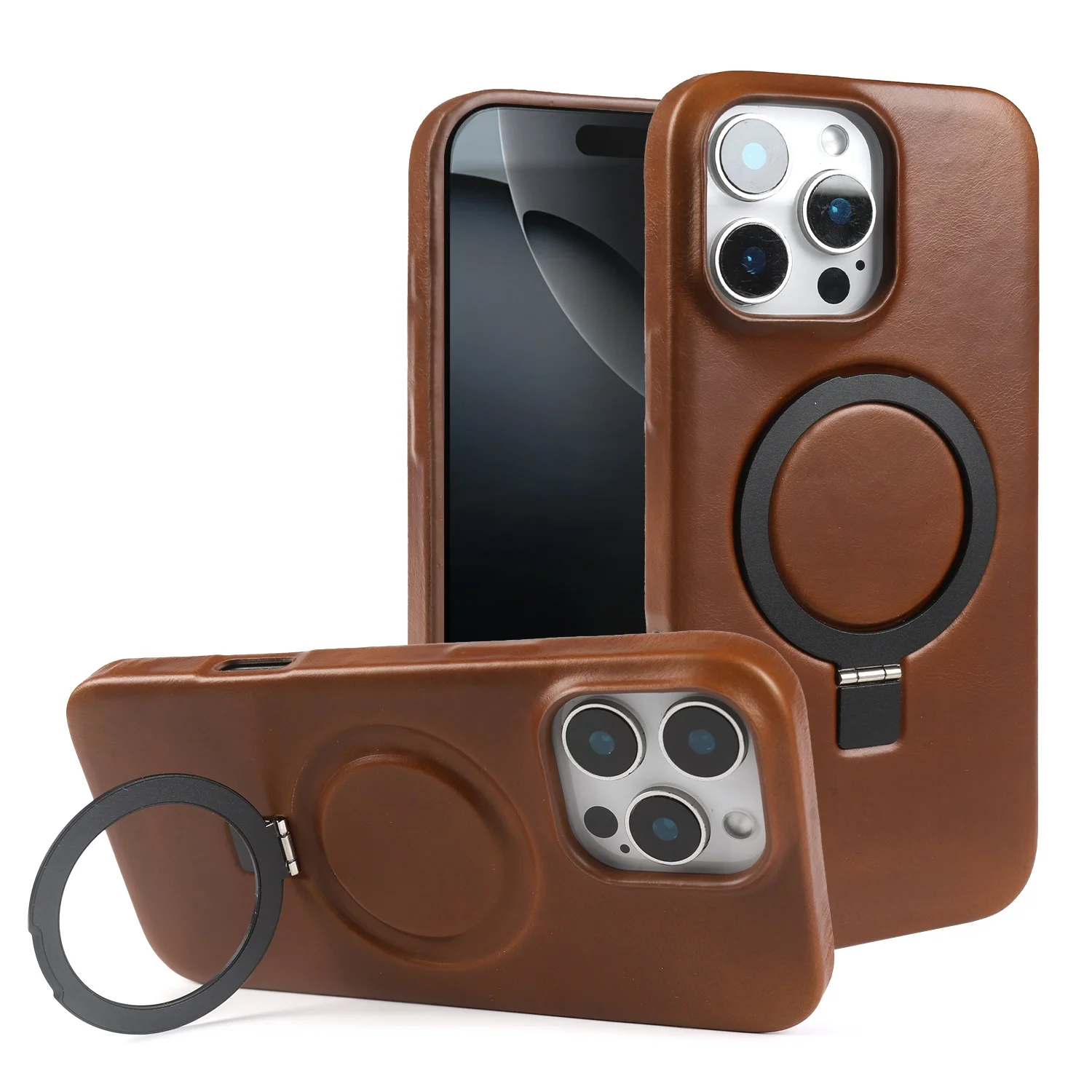 Premium Genuine Leather Stand Case with Magnetic Holder - Full Coverage Phone Cover