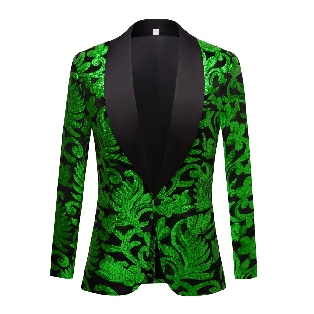 

Shiny Green Floral Sequin Tuxedo Blazers Men One Button Shawl Collar Dress Suit Jacket Party Dinner Wedding Prom Singer Costume