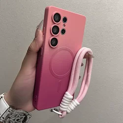 Gradient Color Magnetic Magsafe Case with Wrist Strap - Liquid Silicone Soft Cover - Samsung S26 Plus (PinkRhodo GS)